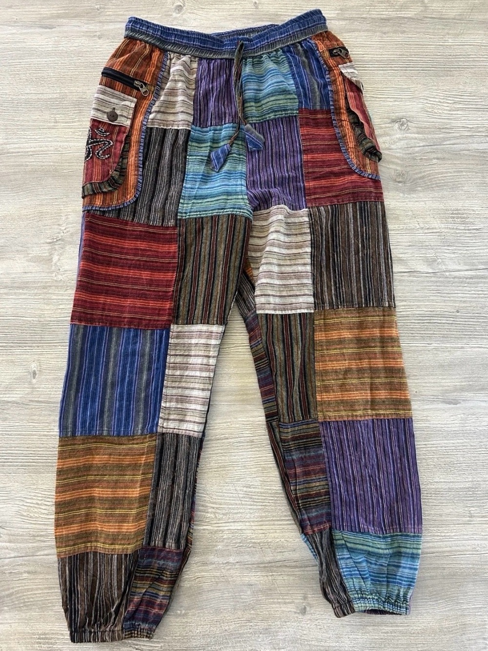 Rising International Boho Patchwork Jogger Cargo Pants Elastic Waist Nepal M